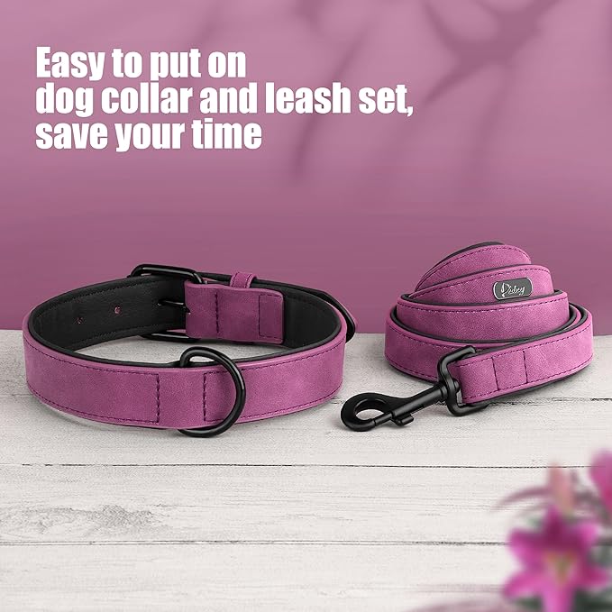 Didog Soft Padded Leather Dog Collar and Leash Set, Heavy Duty Dog Leash and Collar Set with Metal Buckle, Breathable Dog Collars with 4FT Leather Dog Leash for Small Medium Large Dogs, Purple, L-PawvioPets