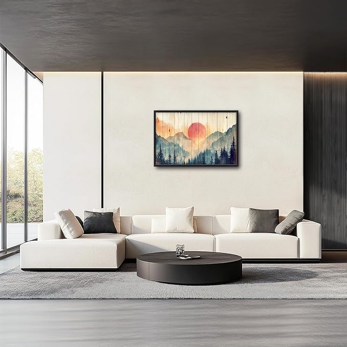 Framed Large Cabin Mountain Wall Art for Living Room, Oversized Rustic Forest Wall Decor, Rustic Nature Landscape Canvas Painting Sunset Pictures Home Decoration for Bedroom Office 36"x24"-PawvioPets