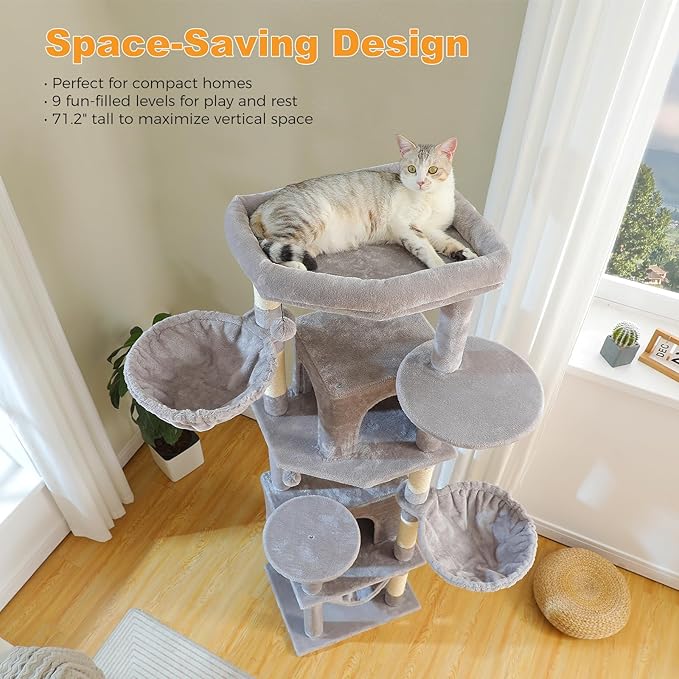 71.2" Tall Cat Tree for Indoor Cats - 9-Level Multi-Cat Tower w/5 Sisal Scratching Posts, 2 Condos, 3 Hammocks, Perch & Pom Poms - Heavy-Duty for Adult Cats, Space-Saving Plush Gray-PawvioPets