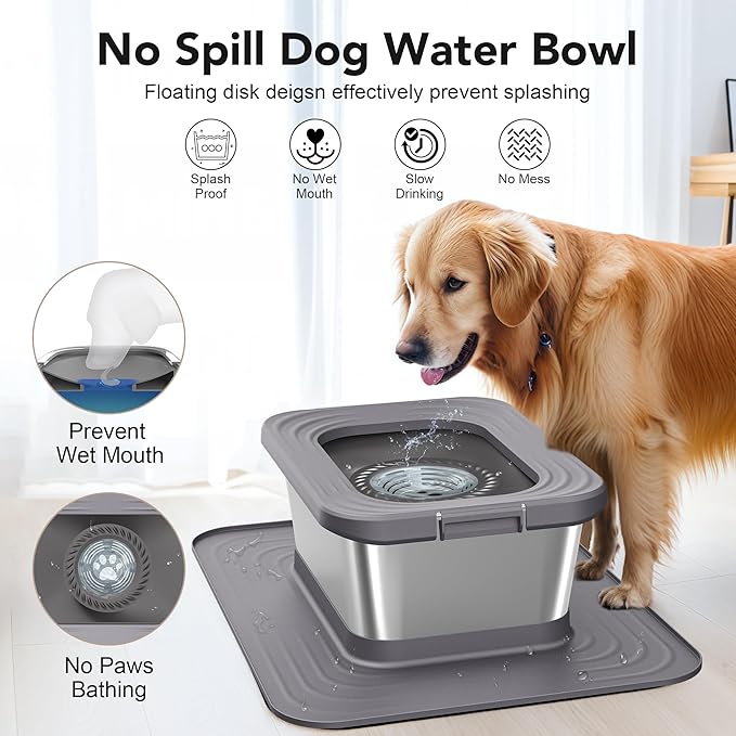 Decflow 10L Stainless Steel Dog Water Bowl, No Spill Anti-Splash Dog Bowls with XXL Silicone Mat, Spill-Proof Slow Feeder for Messy Drinkers, Heavy Duty Pet Bowls for Indoor/Outdoor Use Grey-PawvioPets