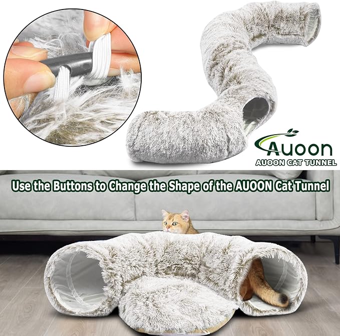 AUOON Cat Tunnel Bed - Cat Donut Tunnel with Soft Plush Circle Cushion for Indoor Cats Kitten Kitty Puppy Rabbit Ferret (Khaki)-PawvioPets