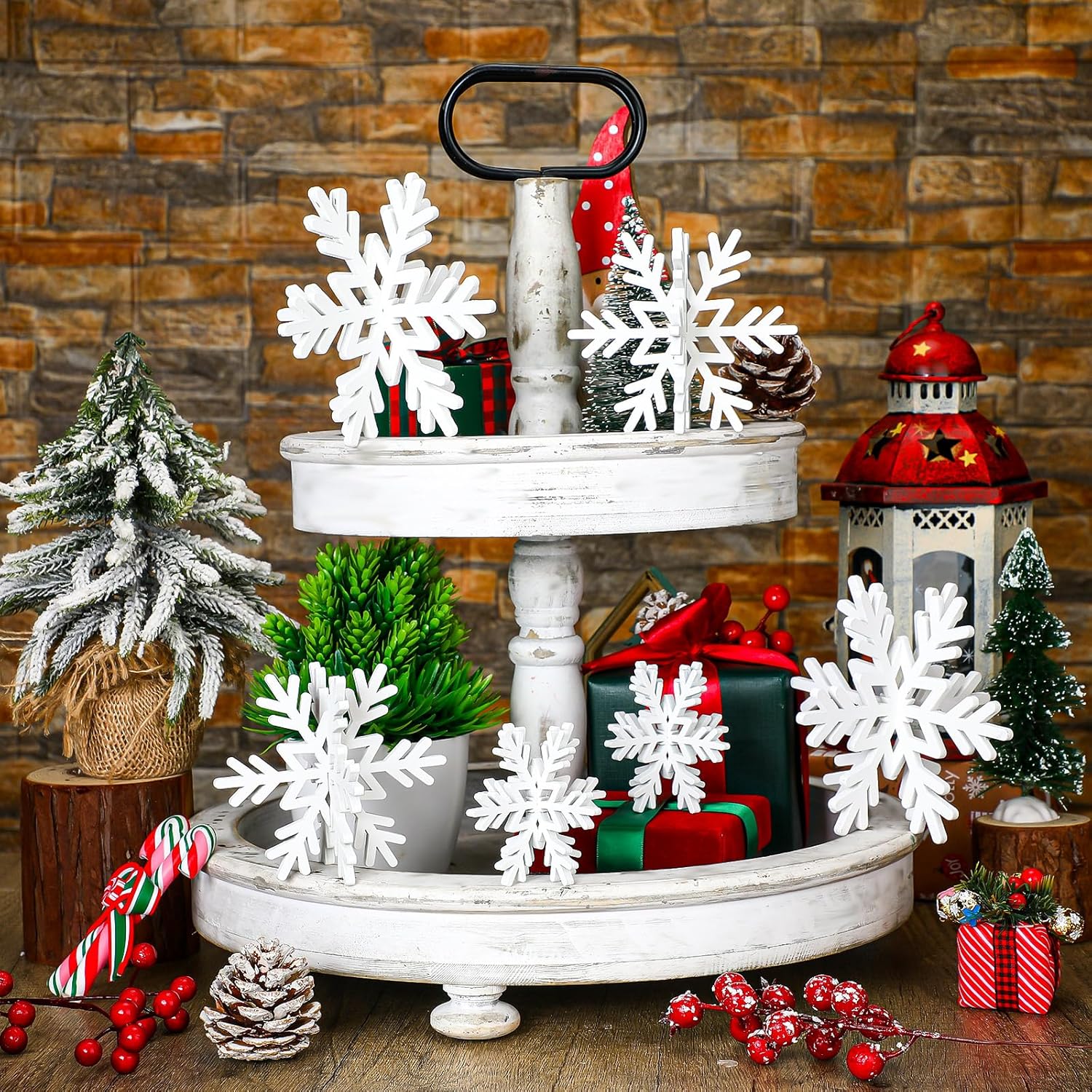 Qunclay 20 Pcs Wooden Snowflake Decorations 3D Snowflake Tabletop Decor Christmas Signs and Centerpiece for Winter Wonderland Decorations Xmas Tiered Tray Decor(White)