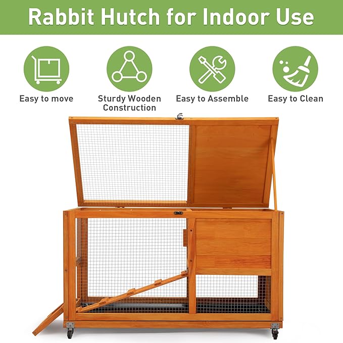 COZIWOW Fashionable Wood 36Inches Rabbit Hutch Indoor with Wheels Bunny Cage Outdoor Fashion Rabbit Cage with Clean Tray, Openable Roof, Anti-Slip Ramp for Small Bunny Rabbit (Orange)-PawvioPets
