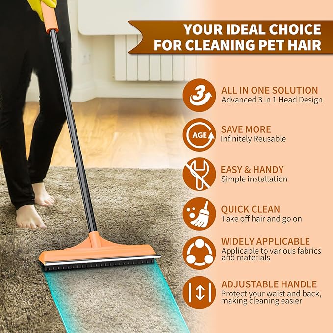 3 in 1 Carpet rake Kit for Pet Hair Removal Tool - Reusable Pet Hair Remover broom w 58"Adjustable Long Handle, Dog & Cat Carpet Scraper, Pet Hair Remover for Rugs, Mats, Couch, Curtains(Orange)-PawvioPets