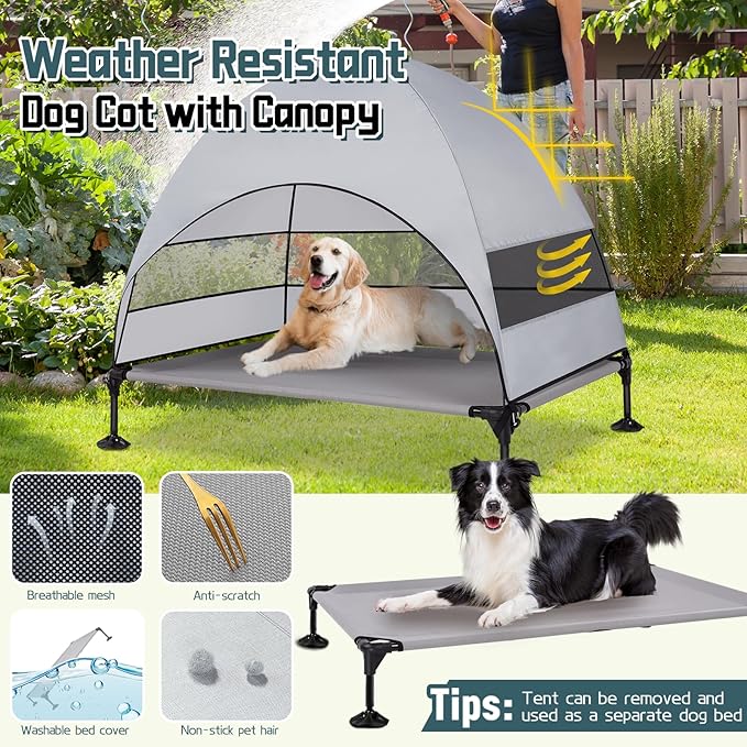Elevated Outdoor Dog Bed with Canopy & Adjustable Feet - Larger Shade for Camping, Backyard & Patio-PawvioPets