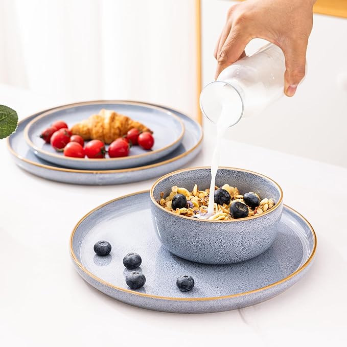 GBHOME Ceramic Dinnerware Sets for 6, 18 Pieces Stoneware Plates and Bowls Sets, Scratch Resistant Dish Sets for Dinner, Dishwasher & Microwave Safe, Brunnera Blue-PawvioPets