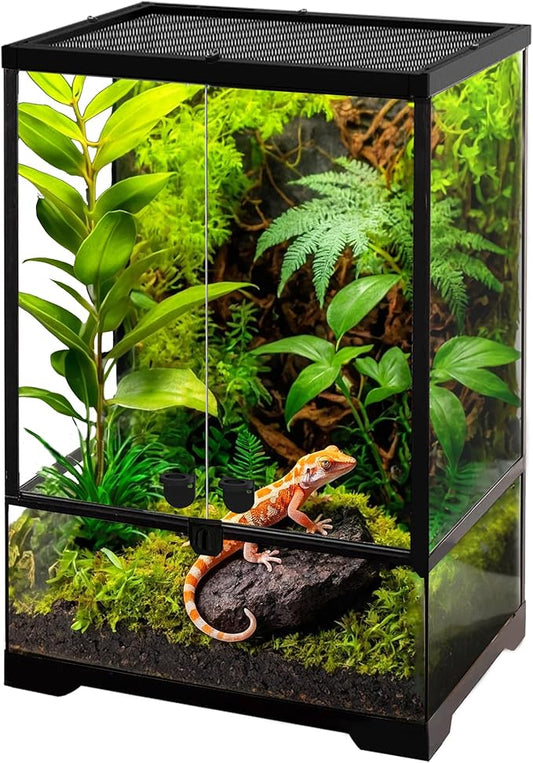 10 Gallon Professional Glass Terrarium 12"x12"x18" Durable Reptile Habitat Tank with Heat Resistant Aluminum Alloy Frame, Dual Front Swinging Doors for no Jam by Sand and Other Debris-PawvioPets
