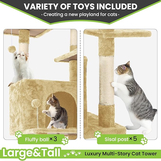 69in Large Cat Tree Tower for Indoor Cats with Soft Plush Hang Ball, Two Condos, Sisal Scratch Posts & Rope Play for Kittens/Adult Cats, Beige-PawvioPets