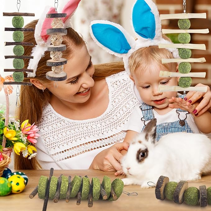 ERKOON Bunny Chew Toys, Rabbit Chew Toys for Teeth Grinding, Improve Dental Health, 100% Natural Apple Wood Timothy Grass Cake Treats for Rabbits Guinea Pigs Chinchillas Bunnies Hamsters (5 Pcs)-PawvioPets