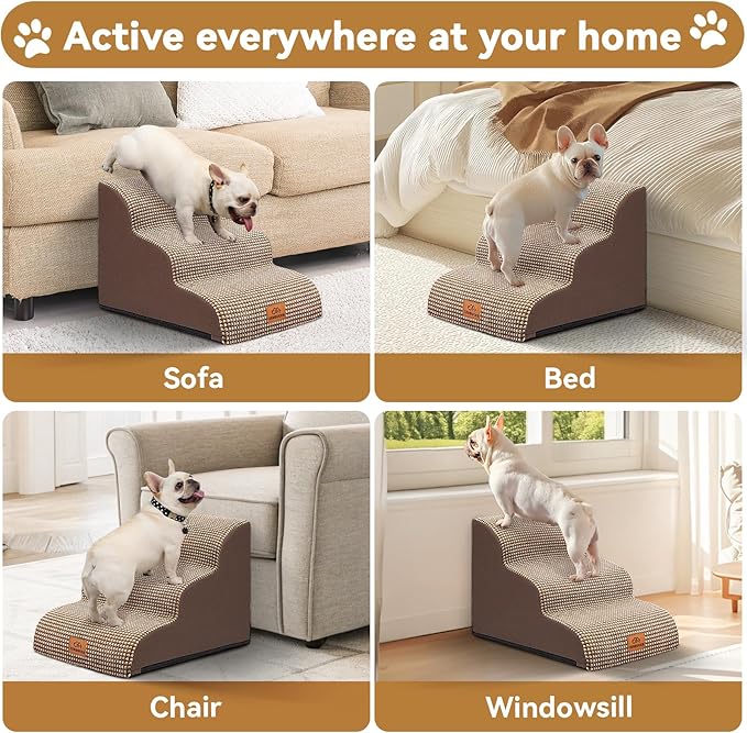 Dog Ramp and Stair for Bed 16" H-20 H,3-Step Cat Stair for Sofa and Chair,4-Step Dog Ramp for High Bed and Window,Durable Nonslip Fabric Cover for Indoor (Coffee-16 H, Pet Friendly, 3)-PawvioPets