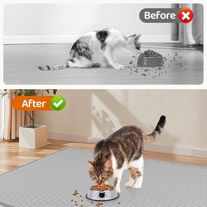 Cat Food Mat, 40" x 28" Extra Large Silicone Pet Feeding Mat with Raised Edge Pet Placemat for Food and Water Bowl Non-Slip, Easy to Clean, Floor Protection (Grey)-PawvioPets