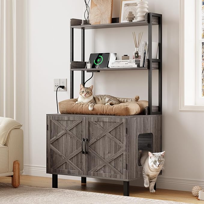 55 Inches Cat Litter Box Enclosure, Hidden Litter Box Furniture with 2 Storage Shelves and Charging Sockets, Wooden Cat House, Large Indoor Cabinet for Living Room & Entryway, Grey-PawvioPets