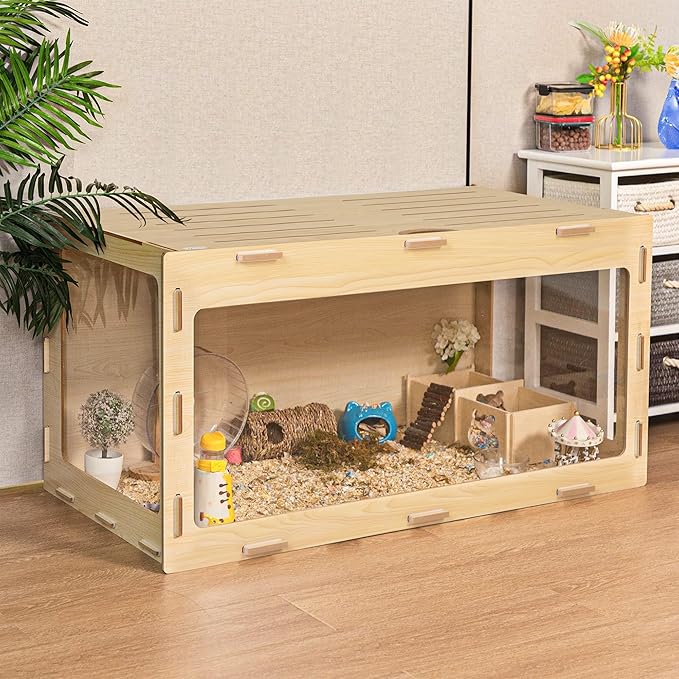 COZIWOW Wooden Hamster Cage Chewproof, Bigger World - 32" Large Hamster Cages and Habitats, Openable Top & 3 Side Acrylic Sheets, Small Animal Cage Pet House for Syrian Dwarf Guinea Pig Chinchilla-PawvioPets