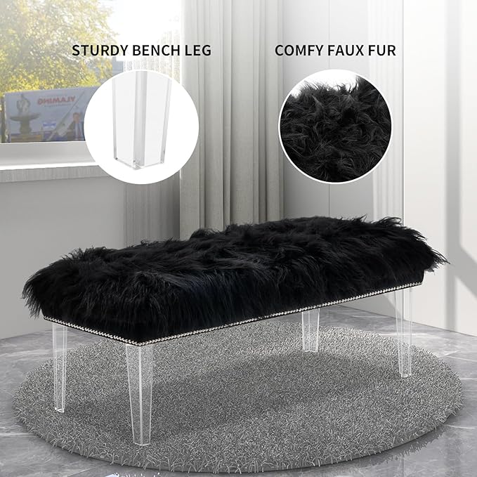 46 Inch Black Bedroom Bench, Benches for Bedroom White Faux Fur Upholstered Bed end Bench, Tufting Bench Indoor Bench with Acrylic Legs for Living Room Bedroom Dining Room Entryway, Black-PawvioPets