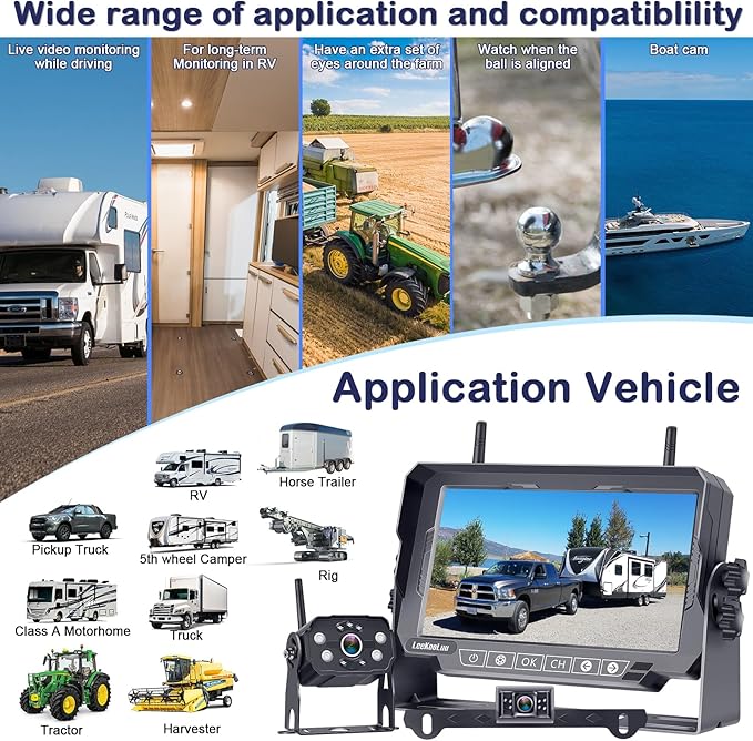 Dual RV Backup Cameras Wireless - Ease Install Plug-Play Recording HD 1080P 7'' Touch Key Monitor Trailer Truck Rear View Cam Night Vision Signal No-Delay 4 Channels for Furrion Pre-Wired Mount-PawvioPets