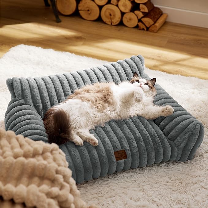 Bedsure Cute Cat Couch for Pets - Fluffy Small Dog Sofa with Premium Soft Corduroy Fleece, Pet Sofa with Removable Washable Cover, Supportive Dog Couch Bed for Small Medium Dogs, 30inch, Warm Grey-PawvioPets