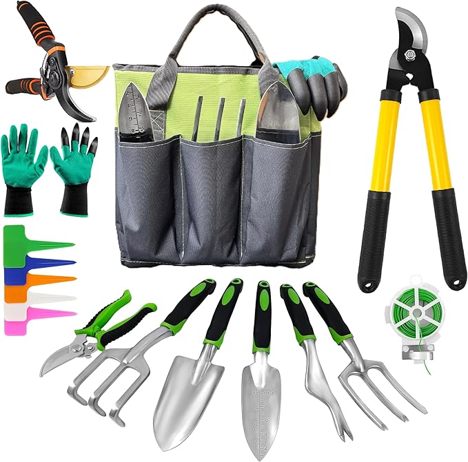 Gardening Tools – 42 Piece Premium Gardening Tool Set,Heavy Duty Hand Tools with Fashion Garden Tools Organizer Handbag,Rust-Proof Gardening Tool Kit, Ideal Gardening Gifts for All (Green/Grey)-PawvioPets