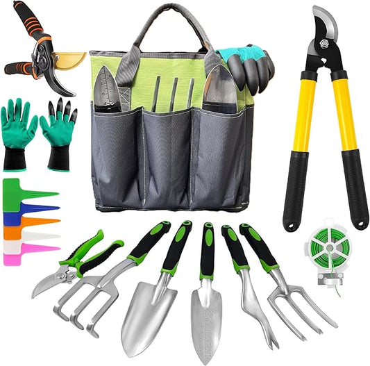 Gardening Tools – 42 Piece Premium Gardening Tool Set,Heavy Duty Hand Tools with Fashion Garden Tools Organizer Handbag,Rust-Proof Gardening Tool Kit, Ideal Gardening Gifts for All (Green/Grey)-PawvioPets