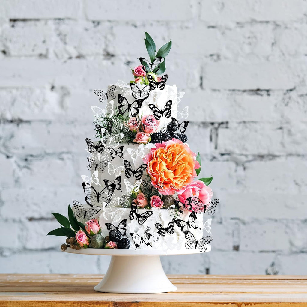 Gyufise 36Pcs Butterfly Cupcake Toppers - Lively PVC Art 3D Cake Decorations for Baby Shower, Kids Birthday Party - Black, White, Transparent