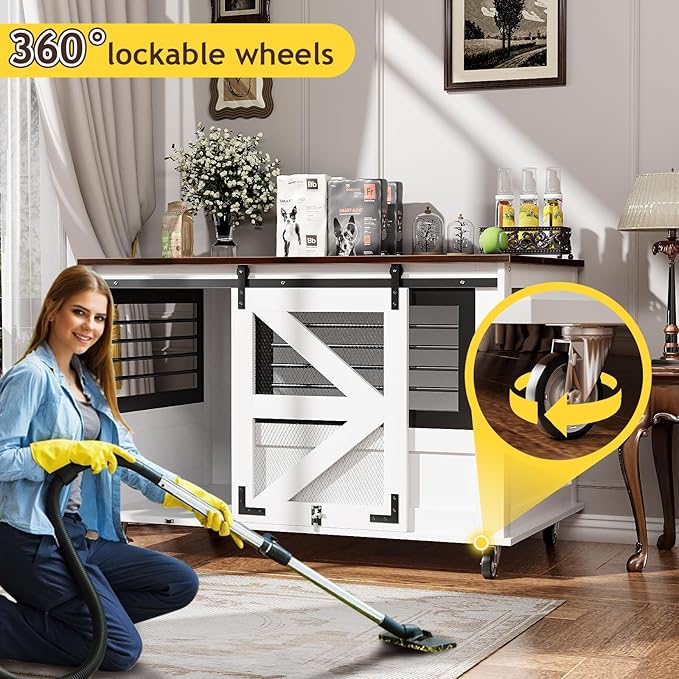 47 inch XL Dog Crate Furniture with Top-Access Teasing/Feeding Doors, Farmhouse Wooden Decorative Dog Crates with Wheels, Chew-Resistant Dog Crates End Table for Medium&Large Dogs, White-PawvioPets