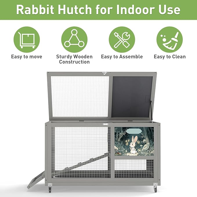 COZIWOW Fashionable Wood 36In Rabbit Hutch Indoor on Wheels Bunny Cage Outdoor Rabbit Cage with Clean Tray, Openable Roof, Anti-Slip Ramp for Small Bunny Rabbit (Grey with Pattern)-PawvioPets