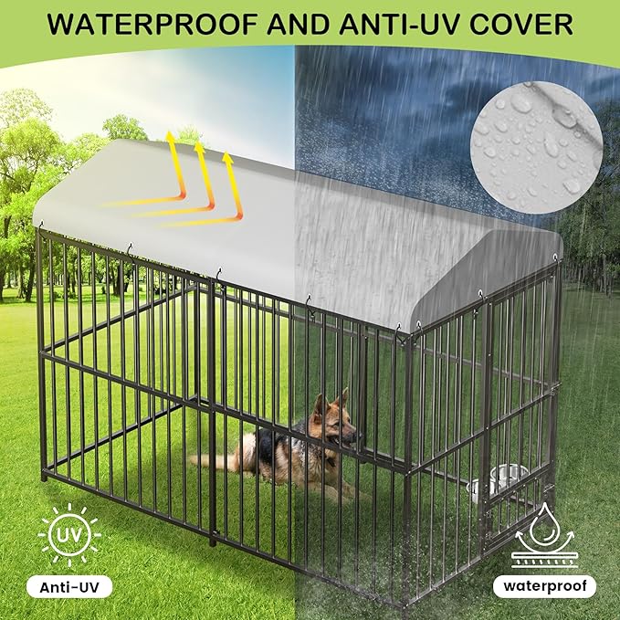 8x4x6 FT Outdoor Dog Kennel,Heavy-Duty Enclosures Outside with UV-Resistant Waterproof Roof Cover and Lock,for Medium and Large Dogs,Easy Assembly-PawvioPets