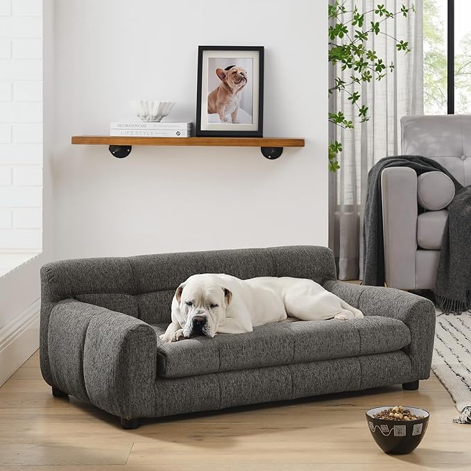 Dog Couch Bed, Mini Sofa for Dogs with Backrest and Armrest, Durable Pet Sofa with Soft Foam Cushion, Elevated Dog Couch Bed with Legs for Medium and Large Dogs, Stone Grey-PawvioPets