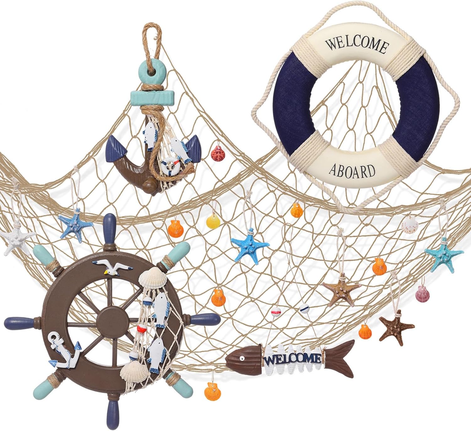 Marsui 11 Pcs Wooden Nautical Wall Decor Fishing Net Decoration, Include Decorative Fishing Net, Ship wheel, Fish Skeleton, Life Ring, Anchor, Starfish Beach Decor for Mediterranean Party (Brown)