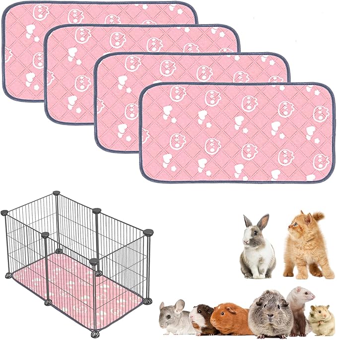 4 Pack Guinea Pig Bedding - Washable Guinea Pig Liners for C&C 2x1 Cage, Waterproof Reusable & Anti Slip Pee Pads Super Absorbent Mats for Small Animal Rabbit Hamster Rat (Pink, 28 x 14 Inch)-PawvioPets