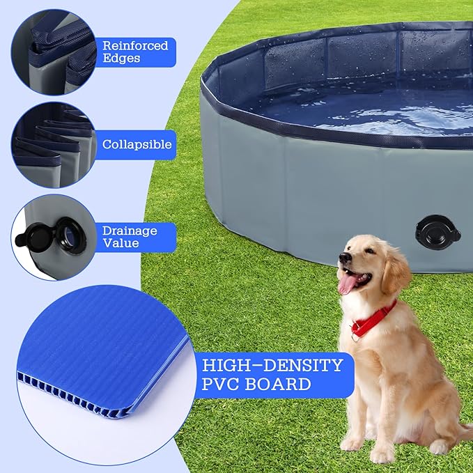 Foldable Dog Bath Swimming Pool 63'' Plastic Kiddie Pool Professional Tub Collapsible Grooming Bathtub for Pets Kids Baby and Toddler, 63 x 12 Inches Gray-PawvioPets