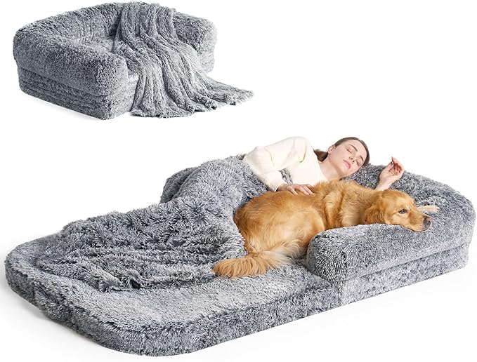EHEYCIGA Foldable Human Dog Bed, Orthopedic Memory Foam Human Sized Dog Bed, Waterproof Pet Bed for People, Faux Fur Pet Couch for Adult, Grey, 72"x44"x11"-PawvioPets