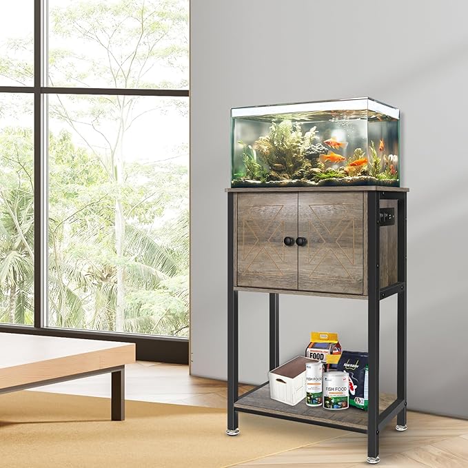 5-10 Gallon Fish Tank Stand, Heavy Duty Aquarium Stand with Cabinet & Power Outlets for Fish Tank Accessories Storage, Double Tank Stand 20.5" L* 11" W Tabletop, 220LBS Capacity, Grey-PawvioPets