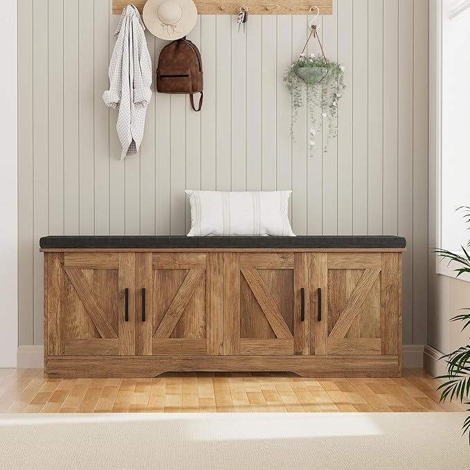 2-Tier Storage Bench, Shoe Bench with Padded Seat Cushion, Entryway Bench with 4 Barn Doors, Adjustable Shelf, 13.8" D x 47.2" W x 17.7" H, for Entryway, Living Room, Bedroom, Rustic Walnut-PawvioPets