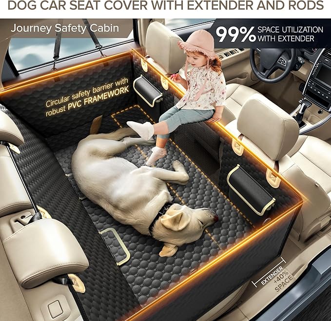 Back Seat Extender for Dogs, PVC Rods Support and Hard Bottom Car Seat Cover for Dogs, Heavy Duty Dog Car Seat Cover for Back Seat, Dog Hammock for Car, Waterproof Pet Bed For Car, SUV, Truck-PawvioPets