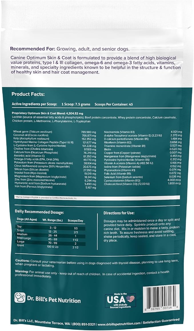 Dr. Bill's Canine Optimum Skin & Coat – Reduces Shedding, Itching, Dry Skin – Allergy Relief for Healthy Fur - Omega 3, Collagen, Biotin & Hyaluronic Acid – 340g Vet-Recommended Dog Supplement-PawvioPets
