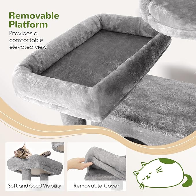 Globlazer Cat Tree, 70 inch Tall Scratching Tower Multi-Level Cat Condo for Indoor Multiple Cats with 2 Large Cat Caves, Top Perch, Large Platform, Bottom Swing, F70B, Light Grey-PawvioPets