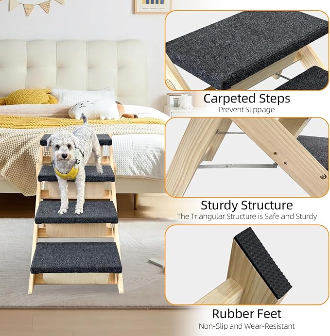 Dog Stairs/Ramp for Bed, Wooden Convertible Pet Steps, Portable Dog Ladder Up to 180 Pound for Elderly/Short-Legged Dogs, 4 Steps for Beds, Couch, Cars-PawvioPets