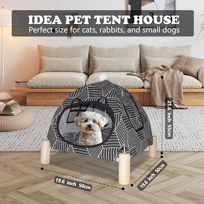 2-in-1 Elevated Cat Tent Cat House, Quick Assembly and Disassembly, Portable Indoor/Outdoor Cute Cat Bed Cave-Black Diamond Pattern-PawvioPets