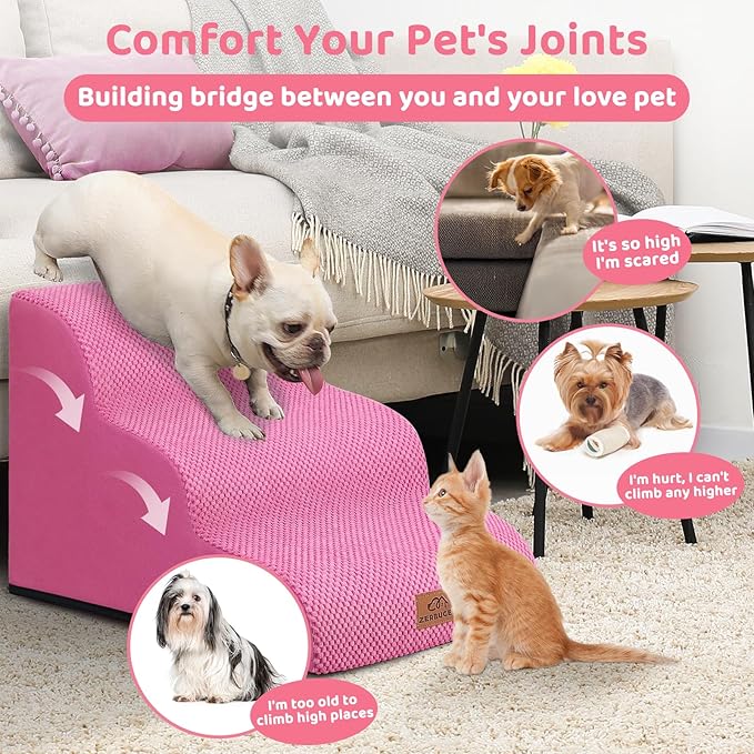 Dog Ramp and Stair for Bed 16" H-20 H,3-Step Cat Stair for Sofa and Chair,4-Step Dog Ramp for High Bed and Window,Durable Nonslip Fabric Cover for Indoor (Pink-16 H, Pet Friendly, 3)-PawvioPets