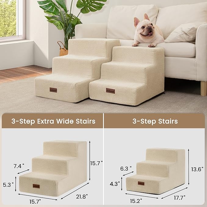 Dog Stairs for Small Dogs & Cats, 3-Step Extra Wide Non-Slip Pet Steps for Couch Sofa and Chair, Beige, 15.7" H-PawvioPets