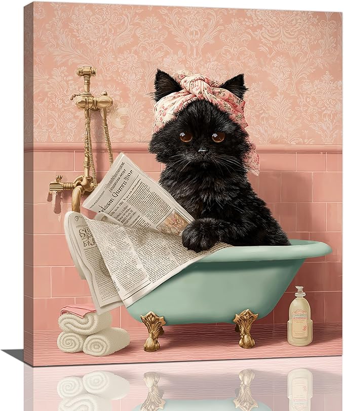 Cat Bathroom Wall Decor Black Cat Reading Newspaper in Bathtub Canvas Wall Art Funny Bathroom Pictures Kitten Painting Print Pink Artwork Framed Decorations Gifts 24"x20"-PawvioPets