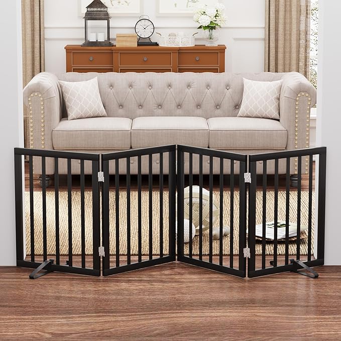 Black 37-74" Dog Gate Foldable Dog Gates for Doorways Stairs House Freestanding Pet Gate Puppy Barries 24 inches Tall-PawvioPets