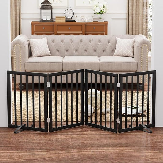 Black 37-74" Dog Gate Foldable Dog Gates for Doorways Stairs House Freestanding Pet Gate Puppy Barries 24 inches Tall-PawvioPets