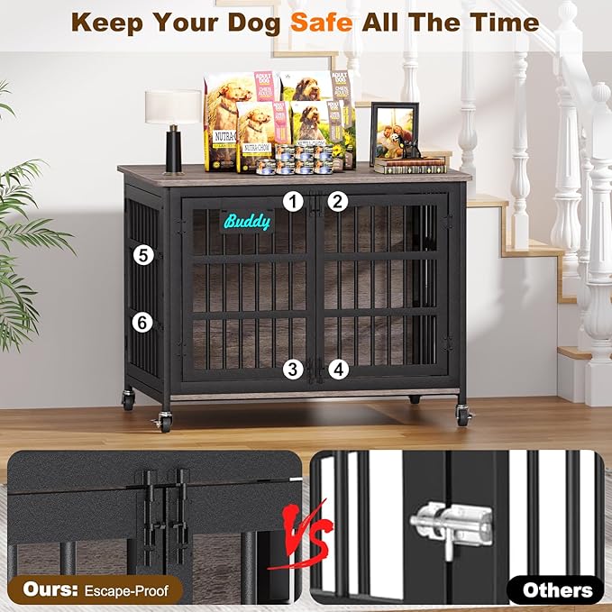 EasyCom 42"/41"/33" XL Dog Crate Furniture with Casters, Heavy Duty Dog Kennel Indoor for Large and Medium Dogs, Double-Doors Sturdy Dog Cage for Anxiety Dog, Decorate House as TV Stand, Bedside Table-PawvioPets