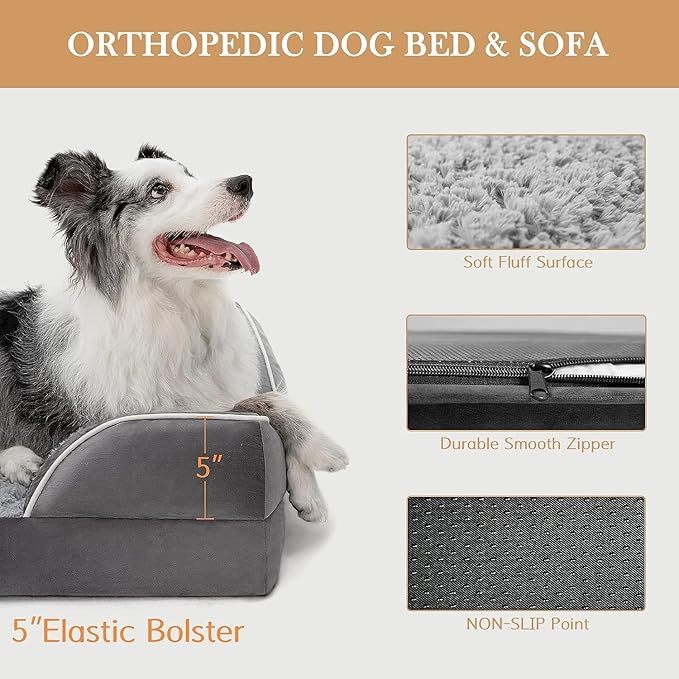 Comfort Expression Jumbo Dog Bed for Extra Large Dogs, Waterproof Orthopedic Dog Bed, Large Breed Dogs Beds, PV Washable Sofa Beds with Removable Cover & Non-Slip Bottom(Jumbo,Grey)-PawvioPets