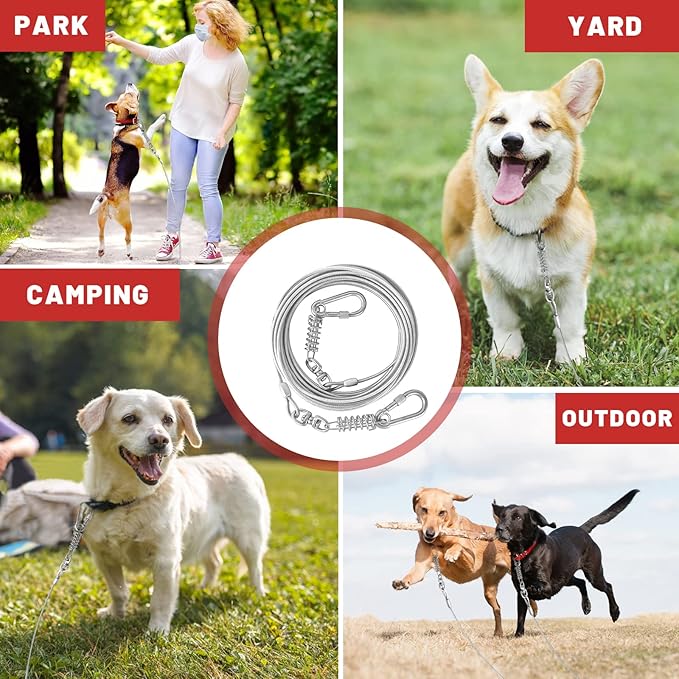 Dog Tie Out Cable 10/15/20/25/30FT Dog Run Cable Rosy Pink/Blue/Purple/Silver/Red/Green/YellowTie Out Cable for Large Dogs Heavy Duty for Outside Hold Large Dogs Up to 250LBS-PawvioPets