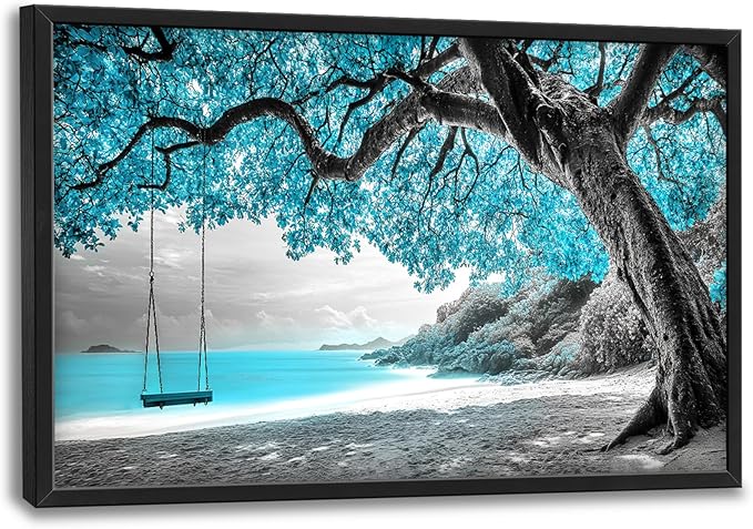 Extra Large Framed Abstract Tree Wall Art,Black and White Tree of Life Wall Decor,Blue Teal Sea Pictures for Living Room,Canvas Print Painting Modern Artwork Bedroom Office Bathroom 36L x 24W-PawvioPets