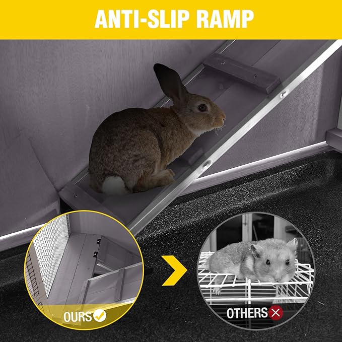 Aivituvin Rabbit Hutch Indoor, Bunny Cage with Wheels, 2-Story Design, 2 Deep Trays, Anti Slip Ramp, Ideal for Small Animals - Grey-PawvioPets