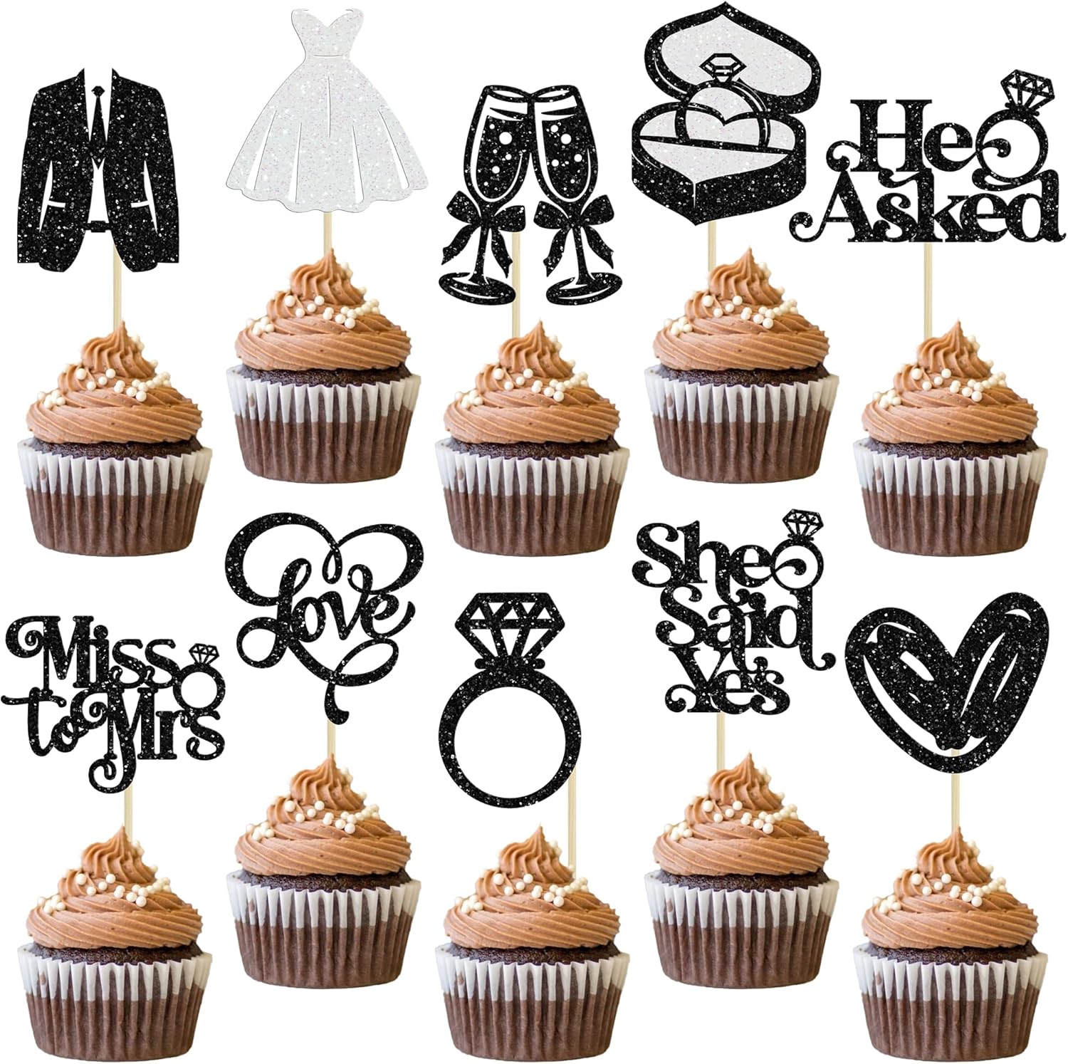 Gyufise 30Pcs She Said Yes Cupcake Toppers Glitter Diamond Ring I Do Love Cupcake Picks Miss to Mrs He Asked Bridal Shower Wedding Engagement Bachelorette Cake Decoration Black