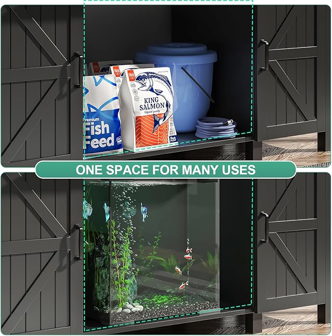 55-75 Gallon Aquarium Stand With Charging Station, Farmhouse Fish Tank Stand, Reptile Tank Stand Terrarium Stand with Drawer and Cabinet Storage, Sturdy Heavy Duty 53.5"×19.7" Tabletop - Black-PawvioPets